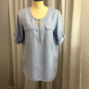 ELLEN TRACY 100% Linen Blue Boxy Zip Neck Roll Tab Tunic Top Size L